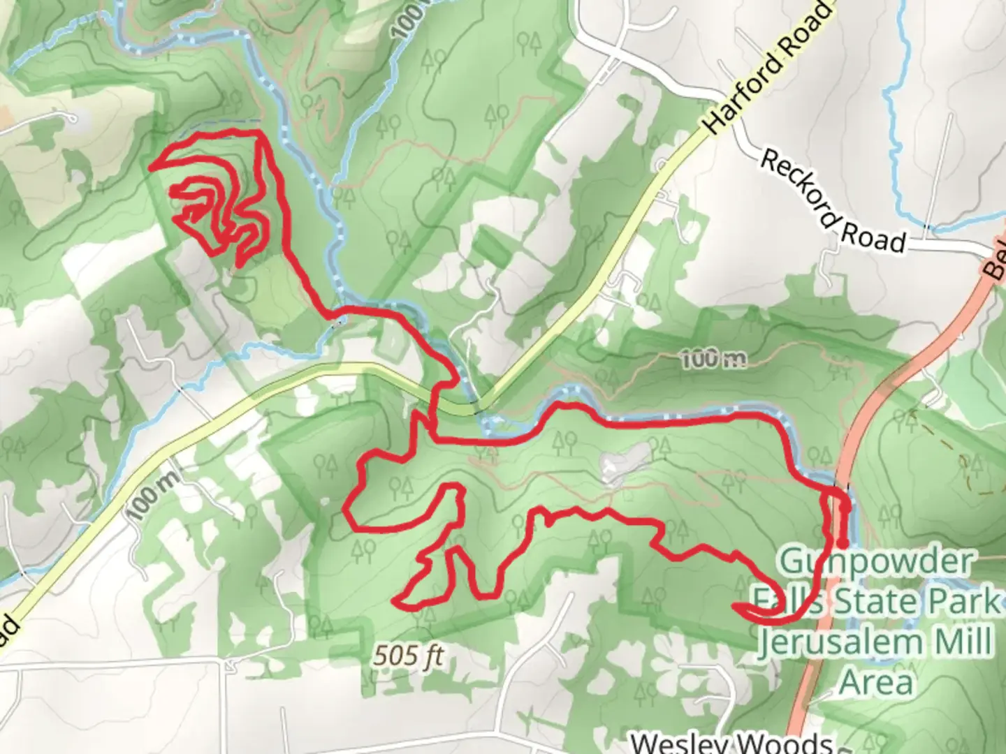 An image depicting the trail Quarry, Winterfell, Game of Trails and Little Gunpowder Loop Trail and its surrounding area.
