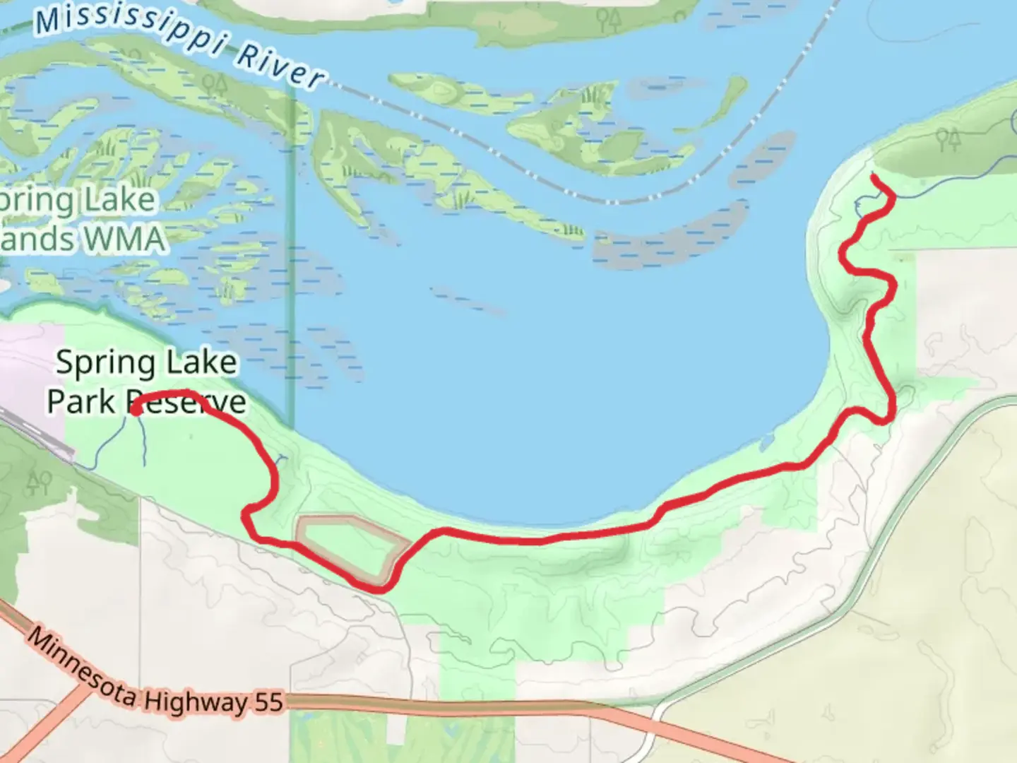 An image depicting the trail Mississippi River Trail from Spring Lake Park Reserve and its surrounding area.