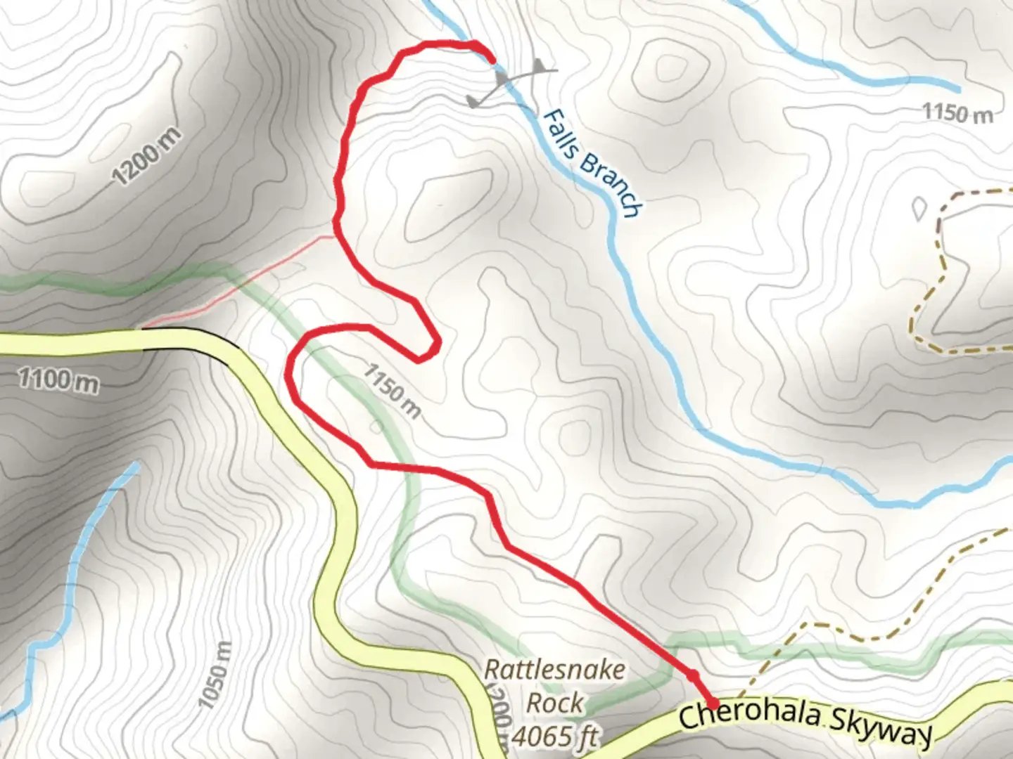An image depicting the trail Falls Branch Falls from Cherohala Skyway and its surrounding area.