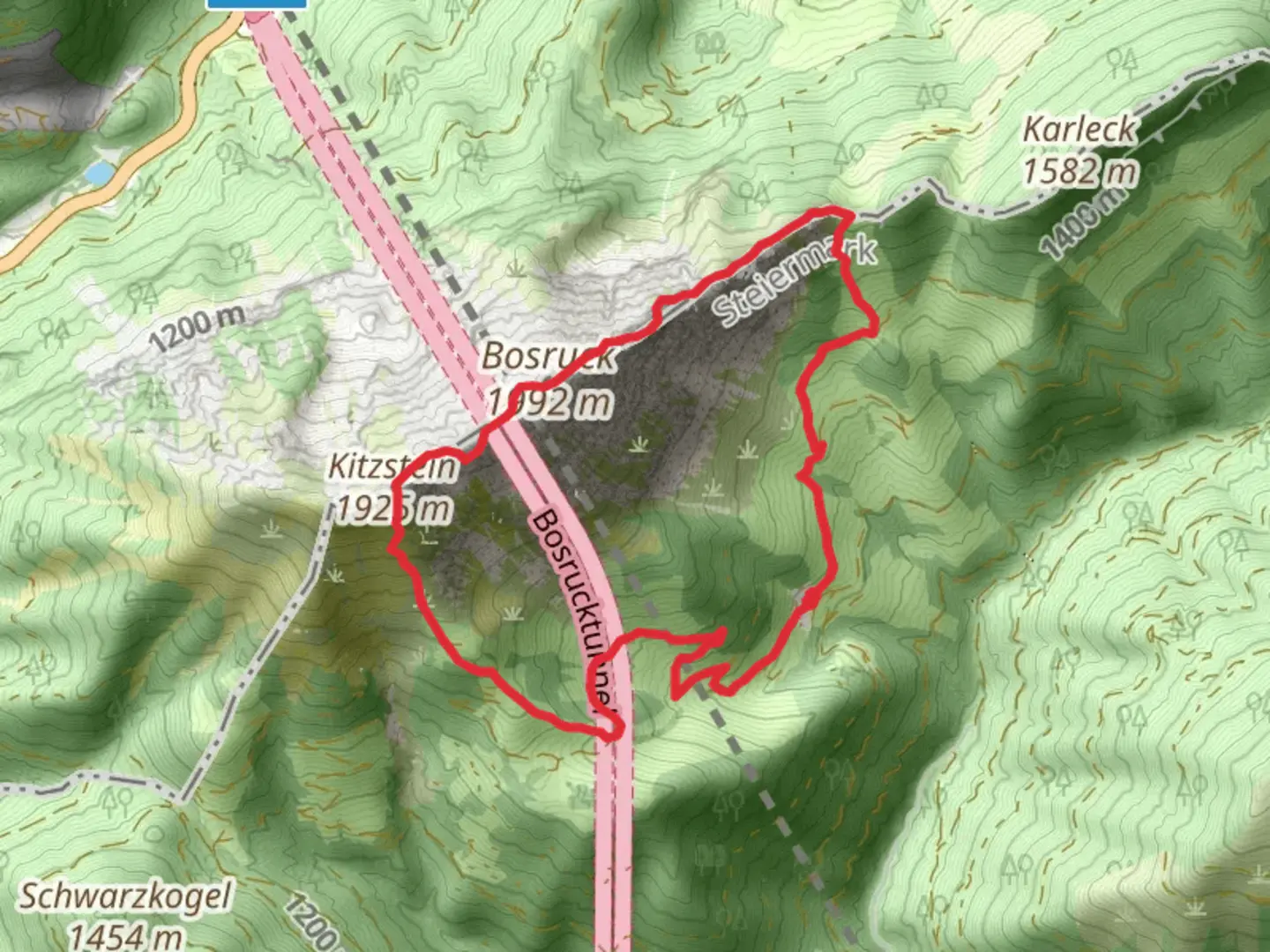 An image depicting the trail Wildfrauensteig - Bosruck Nordostgrad and its surrounding area.