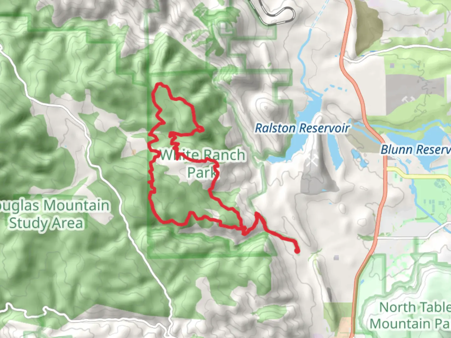 An image depicting the trail Mustang, Rawhide and Upper Longhorn Loop Trail and its surrounding area.