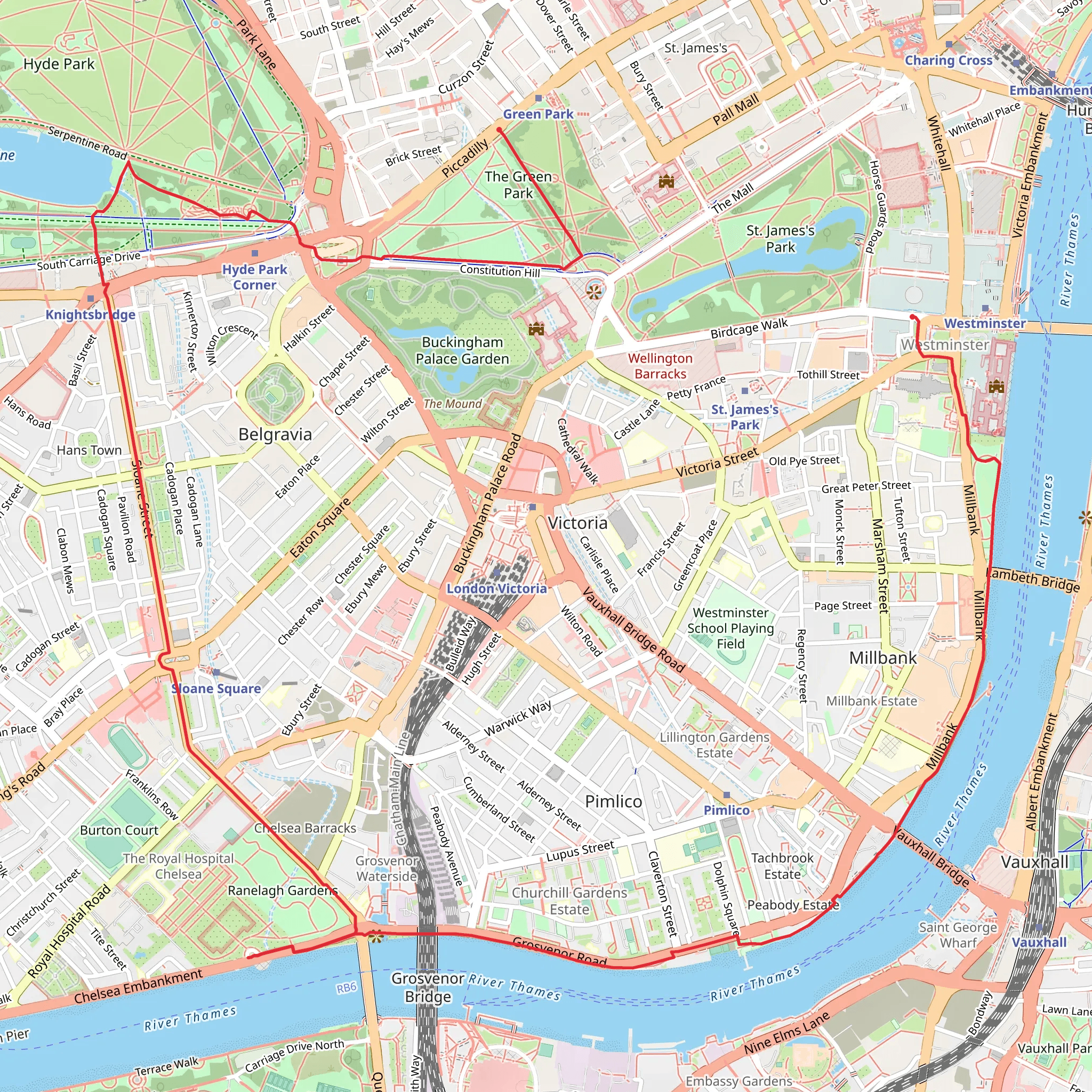 Green Park to Westminster via Sloane Square mobile static map