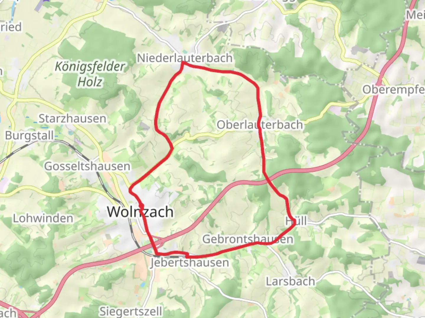 An image depicting the trail Wolnzach and Oberlauterbach Loop and its surrounding area.