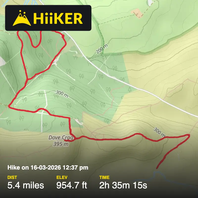 A map preview of the recording Hike on 16-03-2026 12:37 pm.