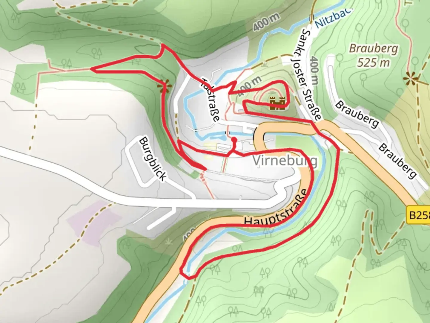 An image depicting the trail Virneburg via Maas Rhein Weg and its surrounding area.