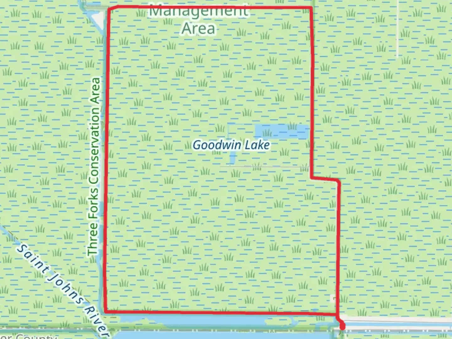 An image depicting the trail T M Goodwin Waterfowl Mgmt Area Waterfowl Management Area - T M Goodwin Unit Loop and its surrounding area.