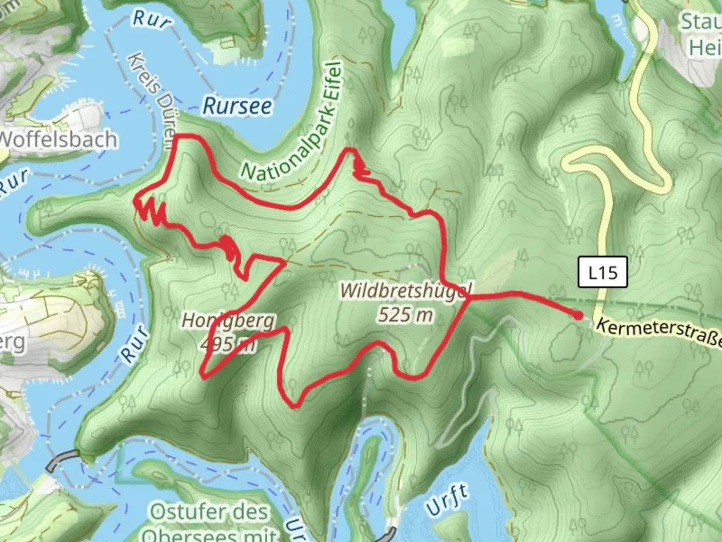 An image depicting the trail Blick auf Urftsee Loop via Wilder Kermeter and its surrounding area.