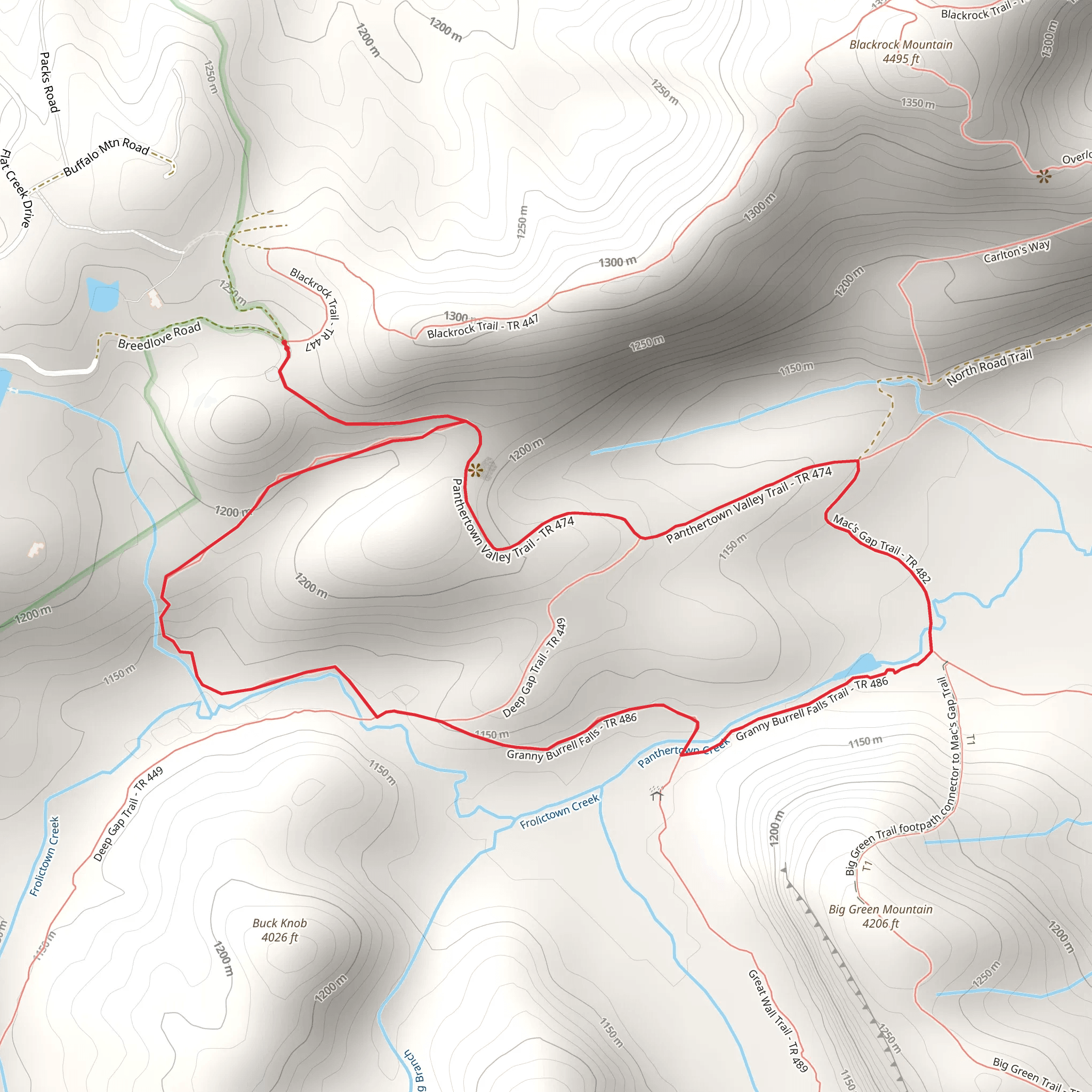 Granny Burrell, Frolictown and Wilderness Falls via Panthertown Valley Trail mobile static map