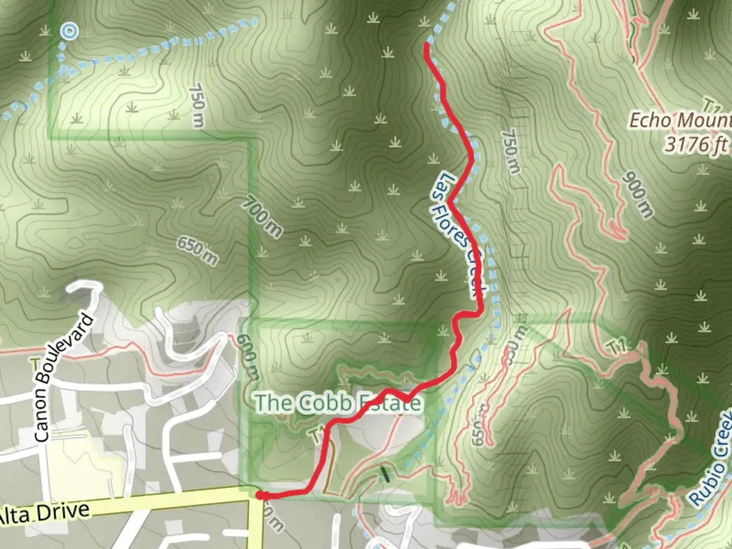An image depicting the trail Las Flores Creek and its surrounding area.