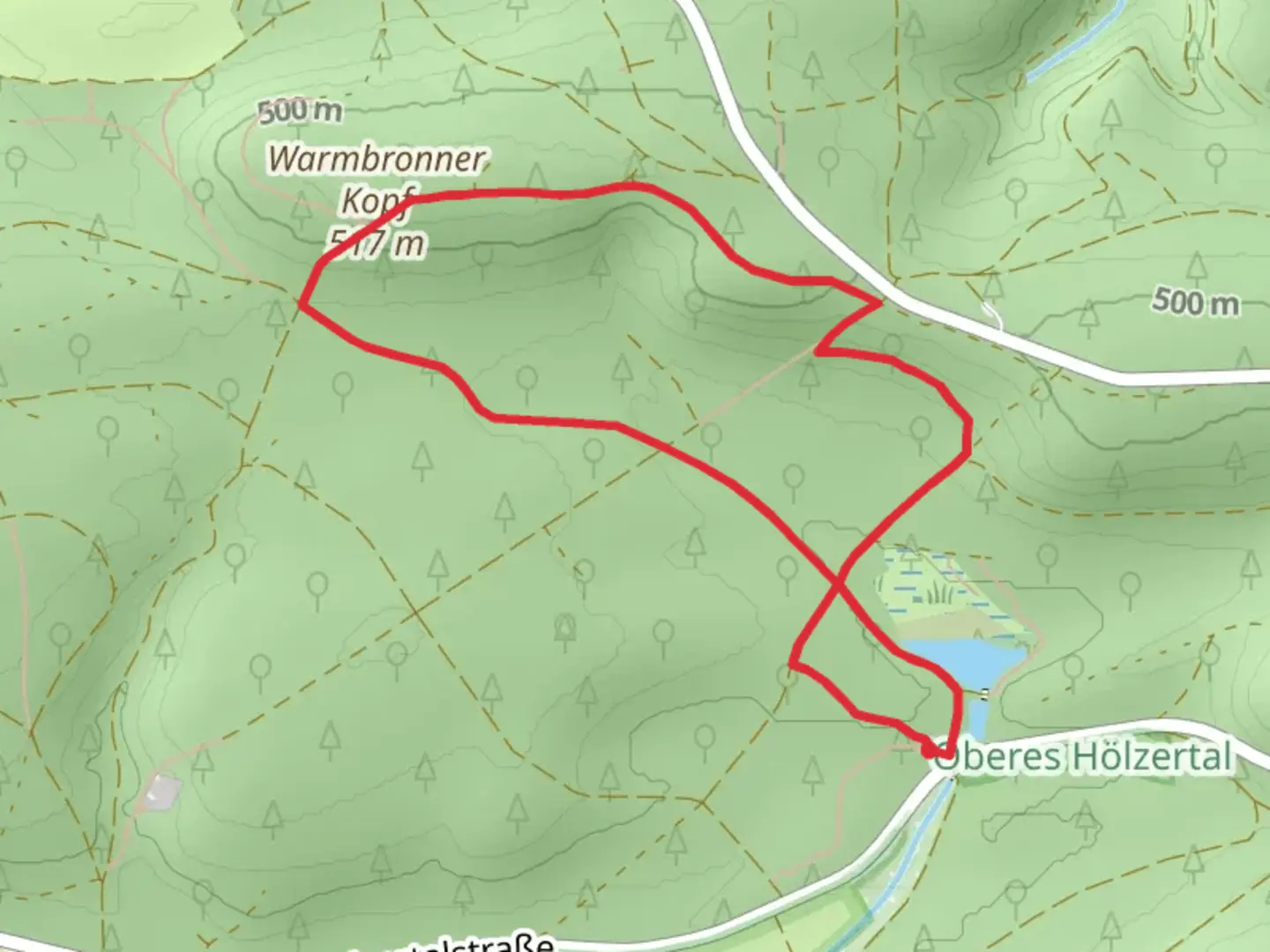 An image depicting the trail Hölzersee and Warmbronner Kopf via Rundwanderweg and its surrounding area.