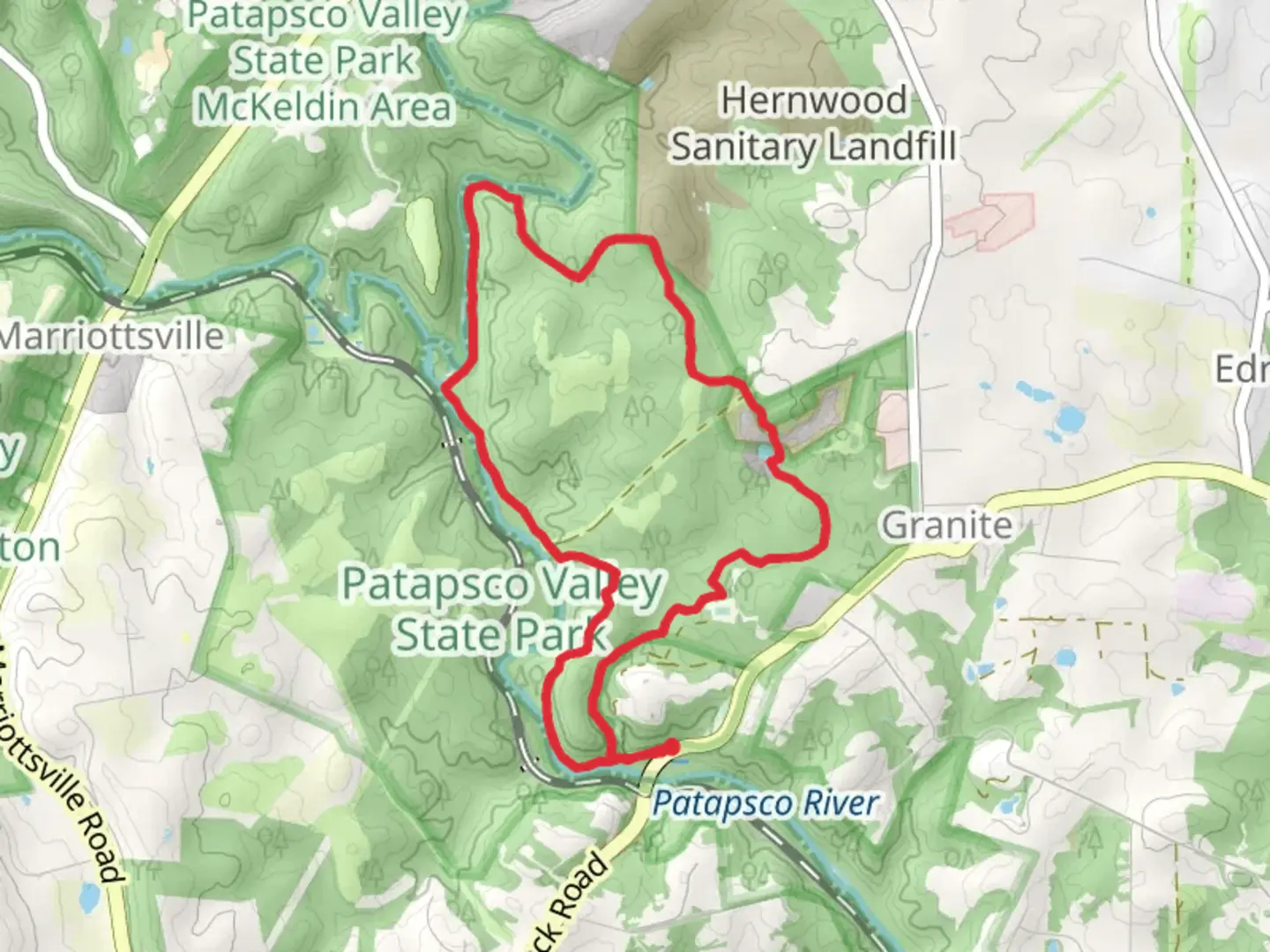 An image depicting the trail Patapsco River via Thru Trail and Chevrolet Trail and its surrounding area.