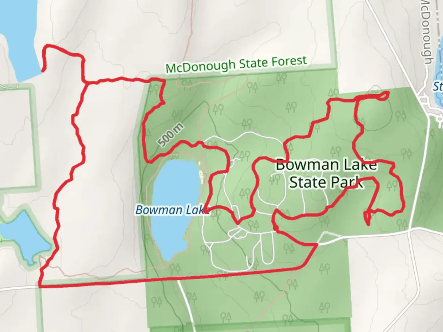 An image depicting the trail Bowman Lake State Park Loop Trail and its surrounding area.
