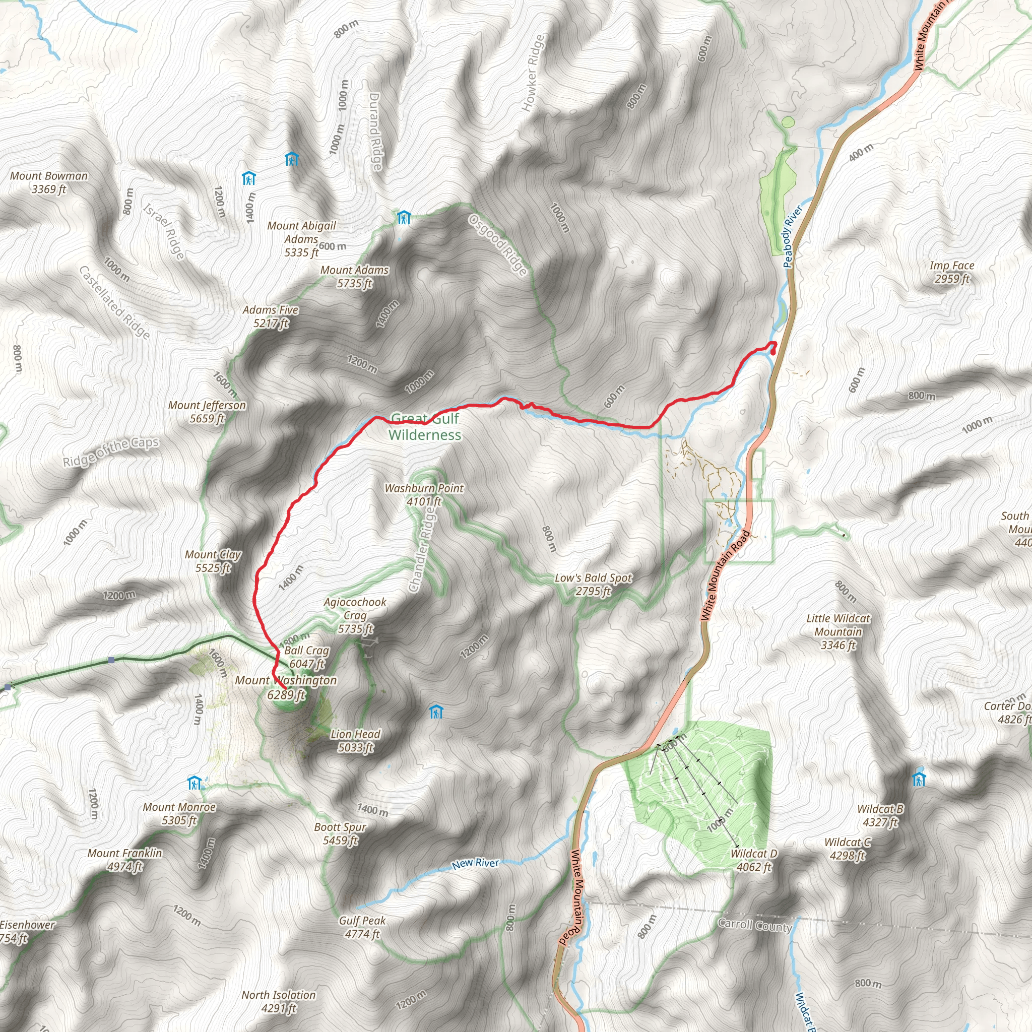 Great Gulf Trail to Mount Washington Trail mobile static map
