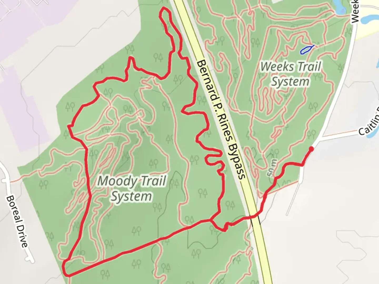An image depicting the trail Moody Blues Trail and Unchained Trail Loop via Gaia Lane and its surrounding area.