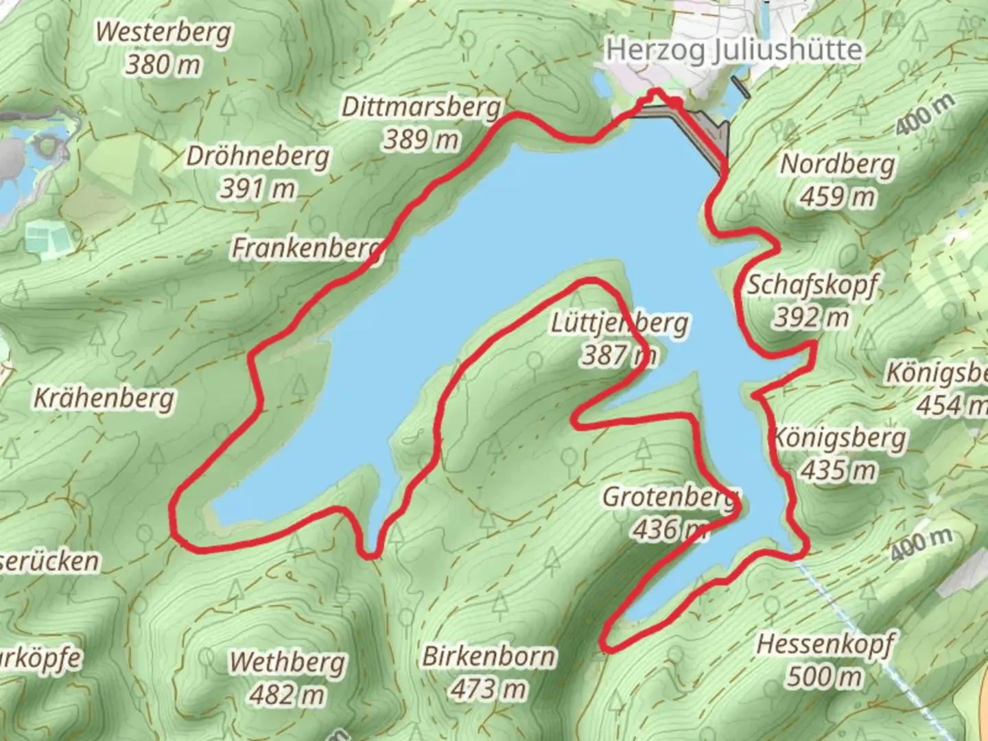 An image depicting the trail Granetalsperre via Harzklub Weg and its surrounding area.