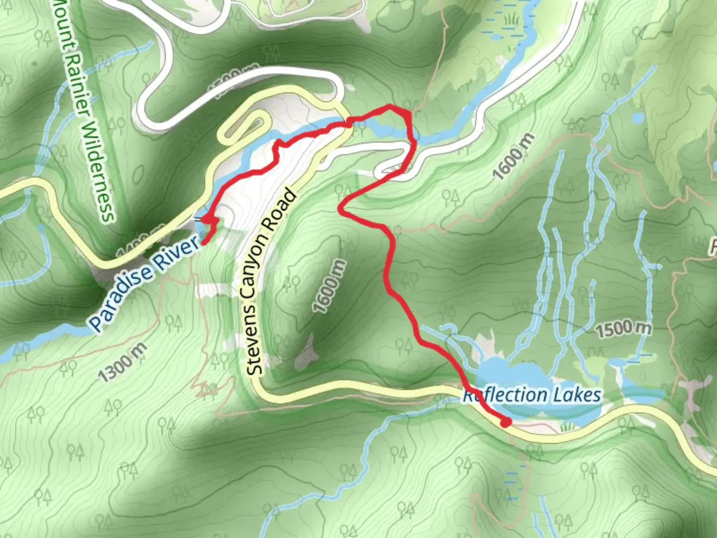 An image depicting the trail Lower Lakes Trail and Narada Falls Trail and its surrounding area.