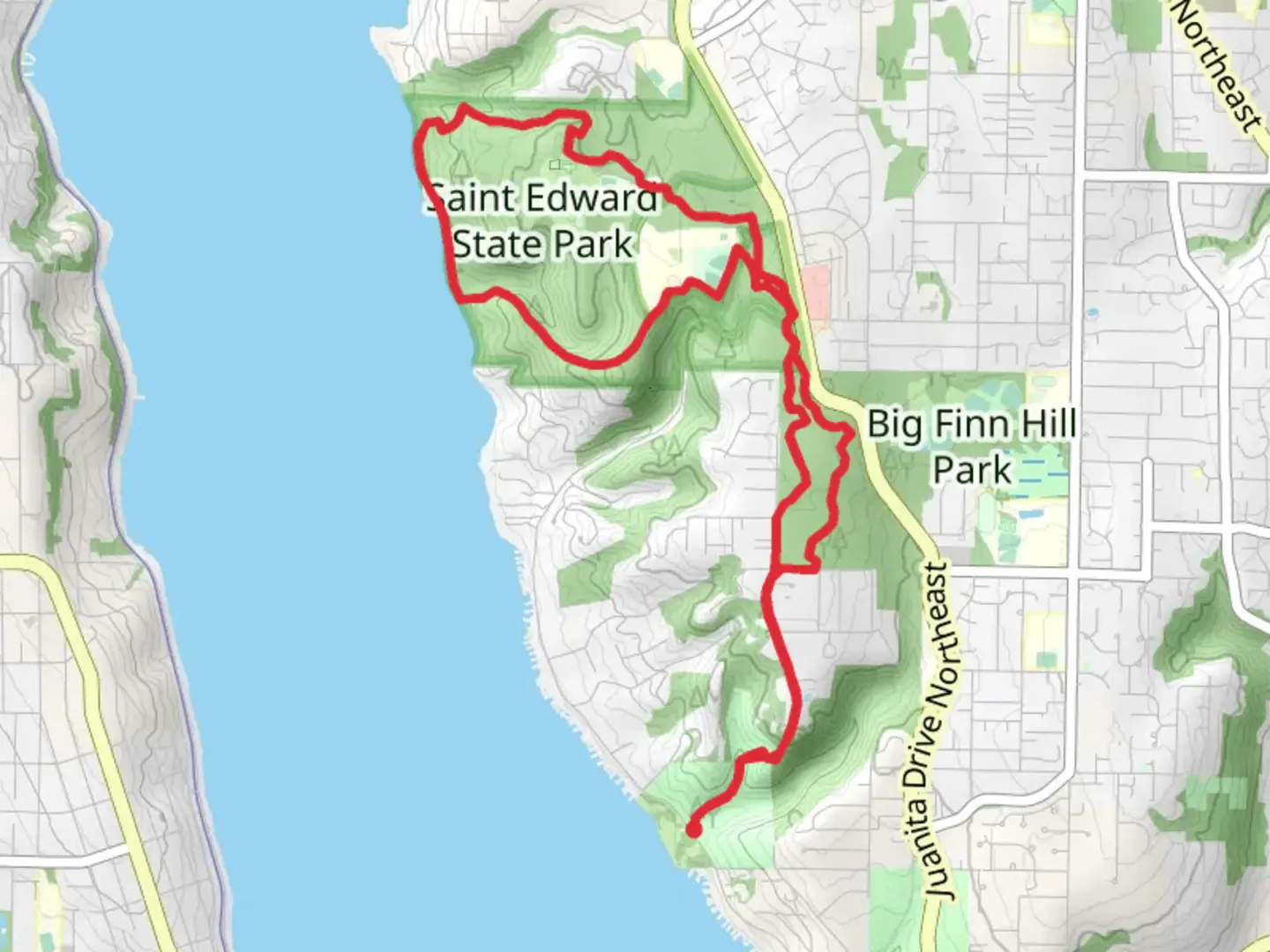 An image depicting the trail St Edward Beach and St Edward State Park Loop and its surrounding area.