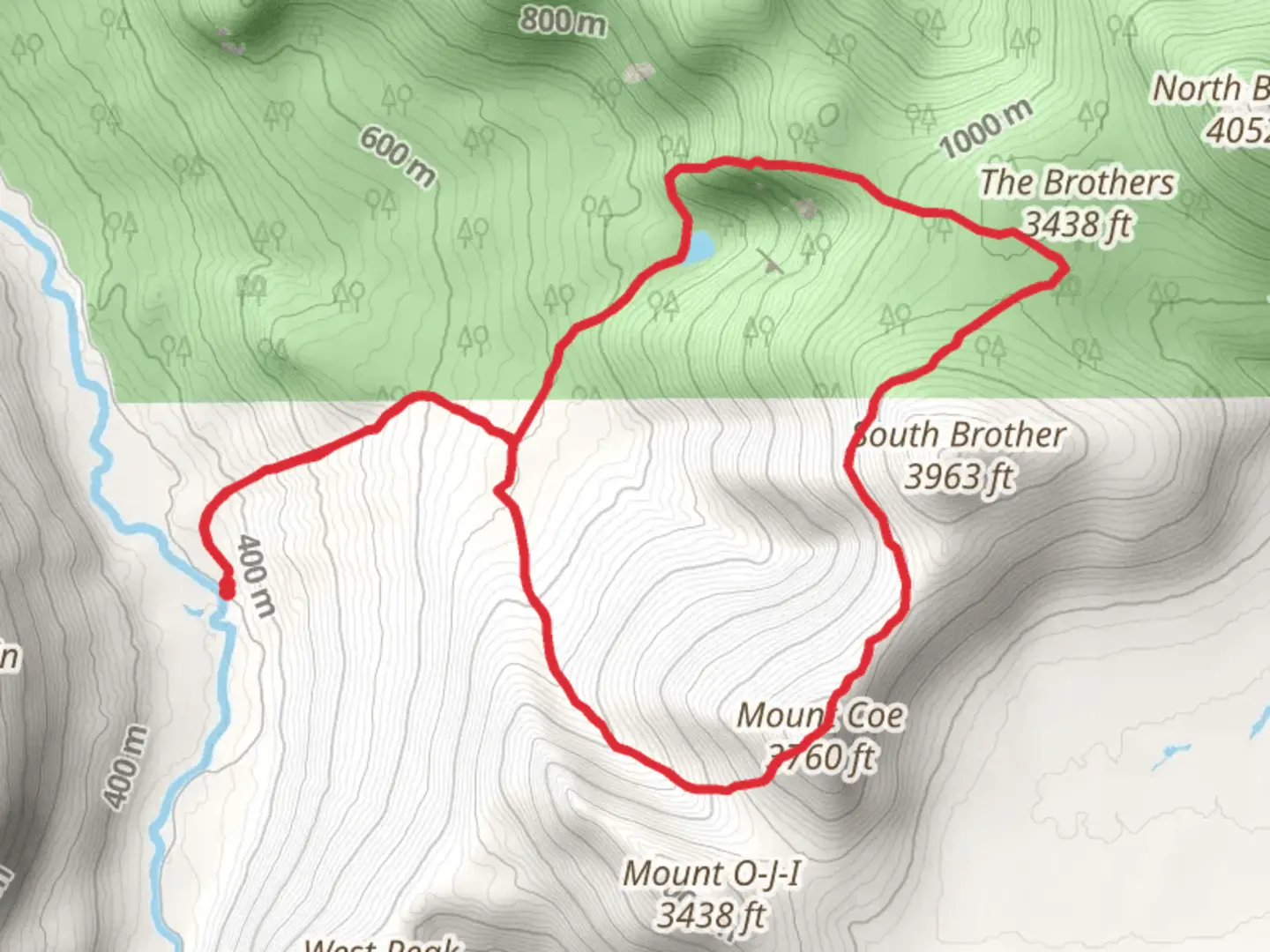 An image depicting the trail Mount Coe and The Brothers Loop and its surrounding area.
