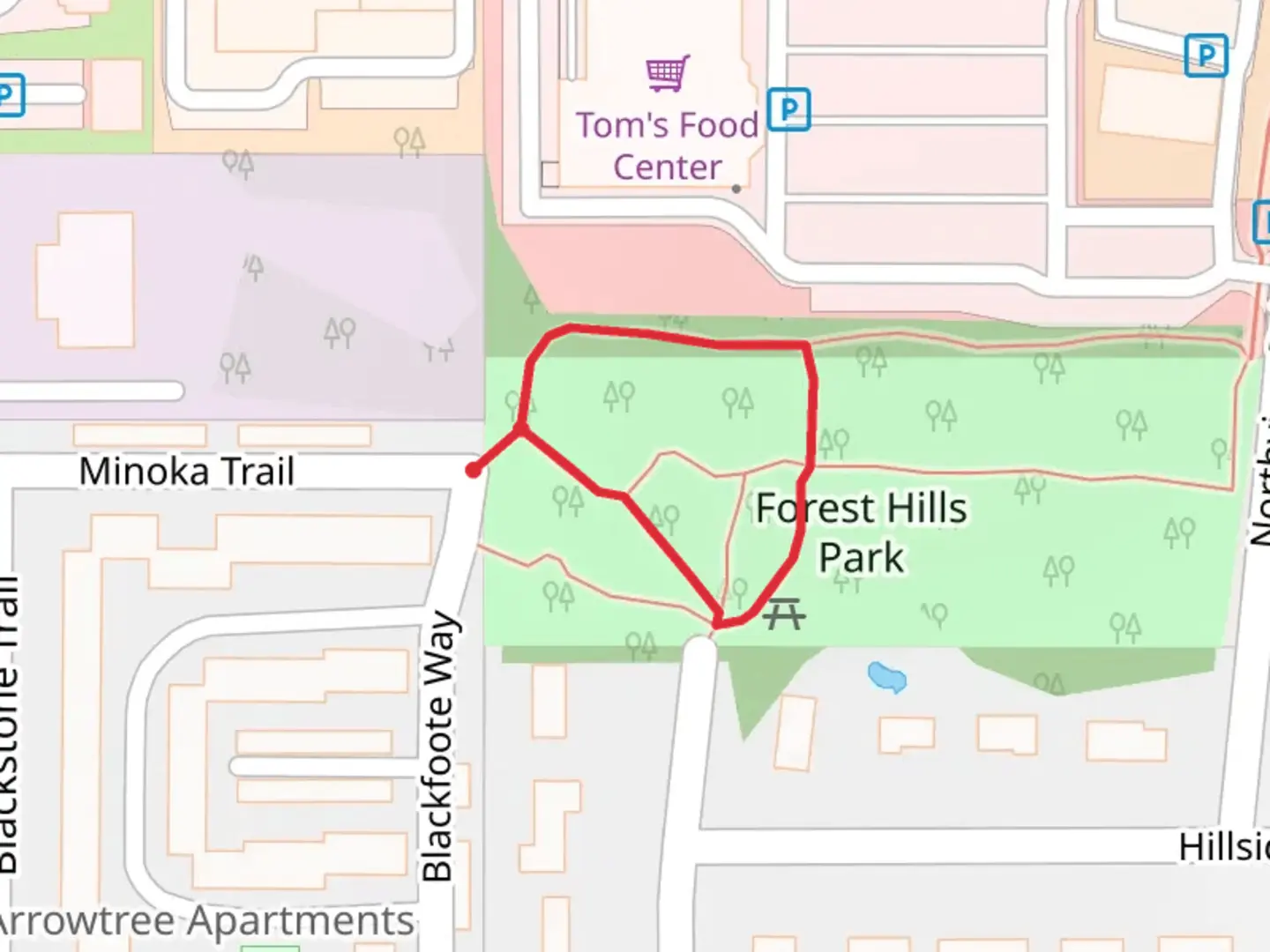An image depicting the trail Forest Hills Park Loop from Blackfoote Way and its surrounding area.