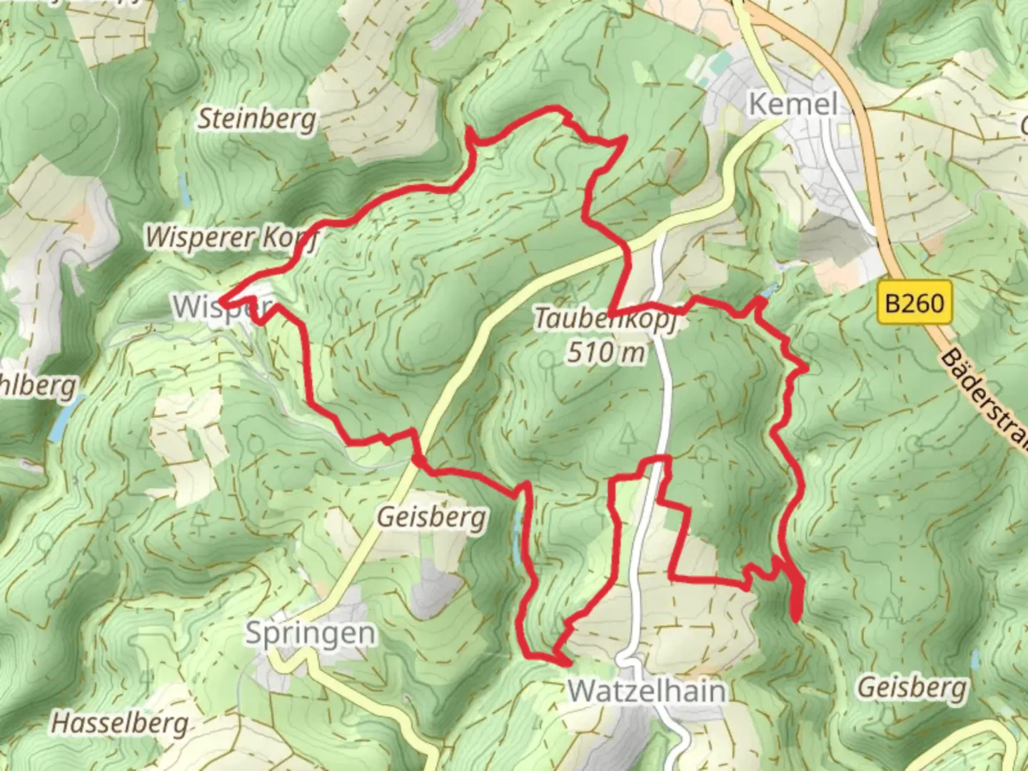 An image depicting the trail Taubenkopf Loop via Im Wisper Outback and its surrounding area.