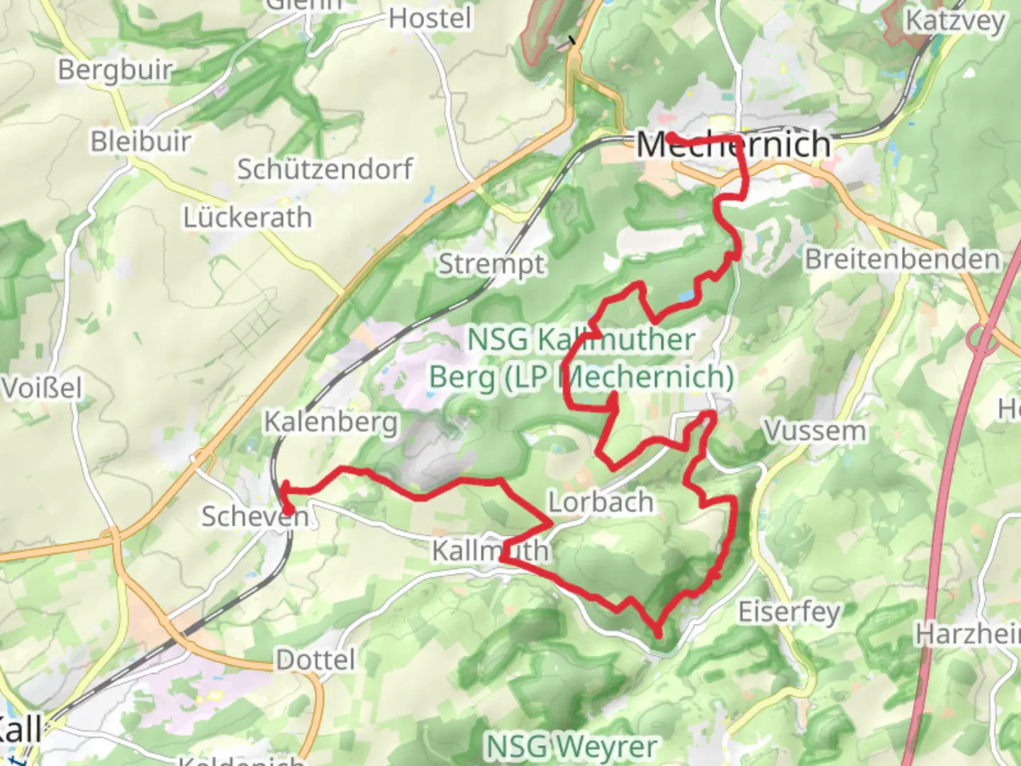 An image depicting the trail Mechernich to Scheven Walk via NSG Kallmuther Berg and its surrounding area.