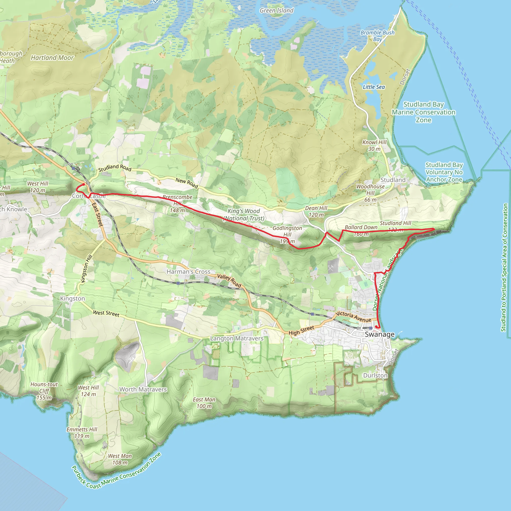 The Purbeck Ridgeway Walk - Corfe Castle to the Coast mobile static map