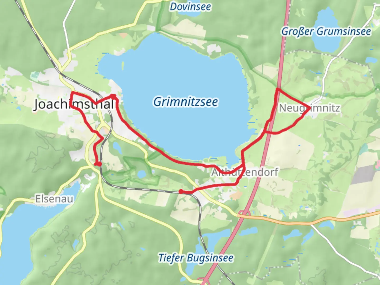 An image depicting the trail Joachimsthal Kaiserbahnhof to Huttendorf Walk via Grimnitzsee and its surrounding area.