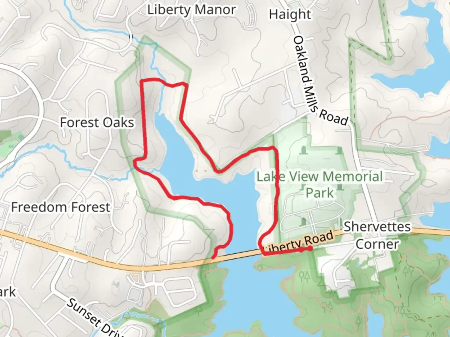 An image depicting the trail Lake View Memorial Park and Liberty Reservoir Survivor Expedition and its surrounding area.