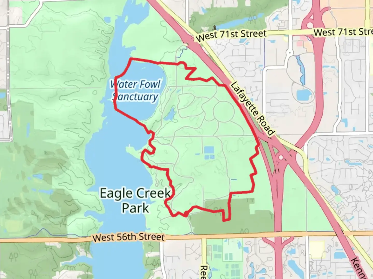 An image depicting the trail Water Fowl Sanctuary via Red Trail and its surrounding area.