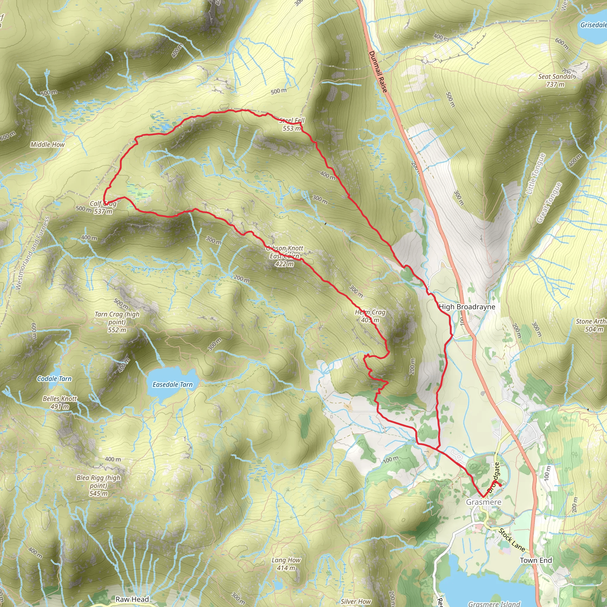 Steel Fell, Calf Crag, Gibson Knott and Helm Crag Loop - Grasmere mobile static map