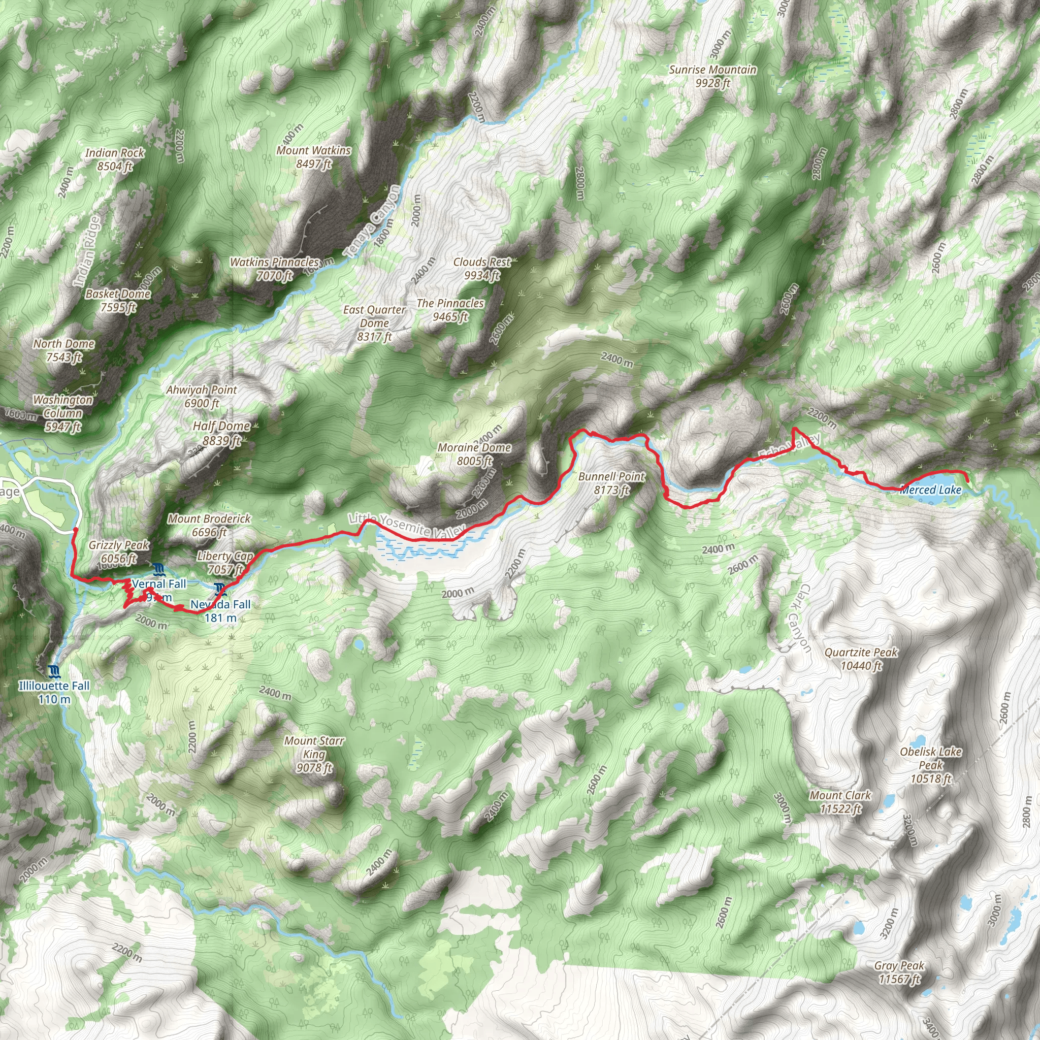 Merced Lake via Mist Trail mobile static map