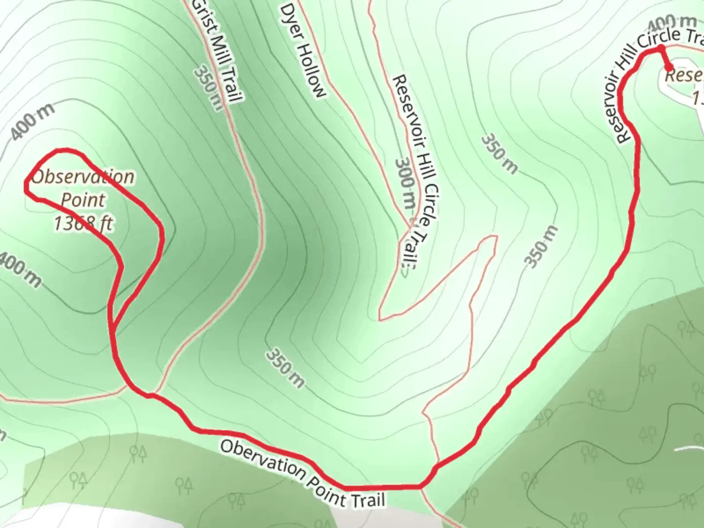 An image depicting the trail Reservoir Hill Trail and Observation Point Trail and its surrounding area.