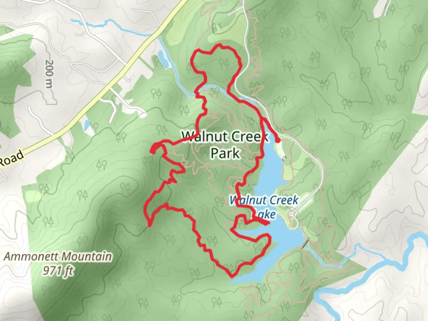 An image depicting the trail Walnut Creek Park Loop and its surrounding area.
