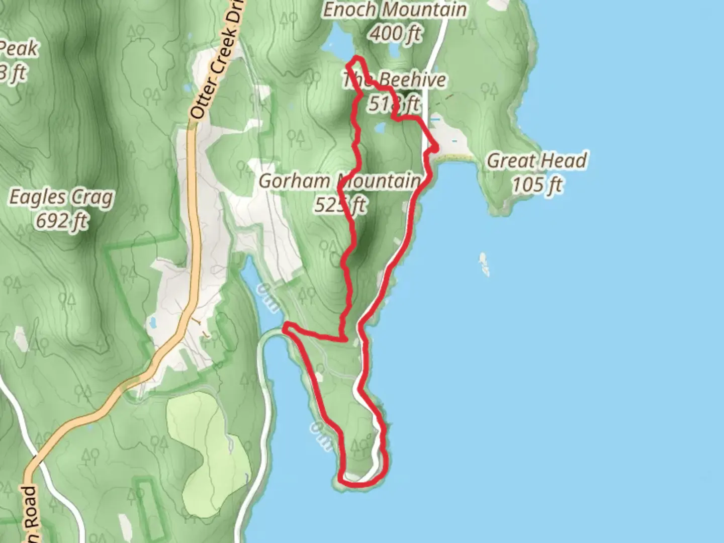 An image depicting the trail Halfway Mountain and Gorham Mountain via Ocean Path Loop and its surrounding area.