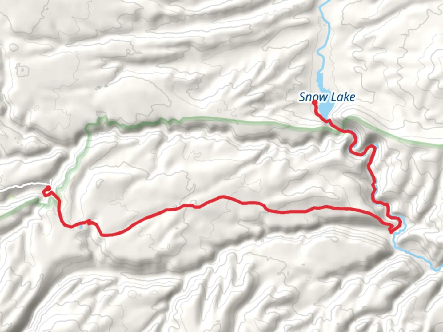 An image depicting the trail Willow Creek to Snow lake via Iron Creek Mesa Trail and its surrounding area.