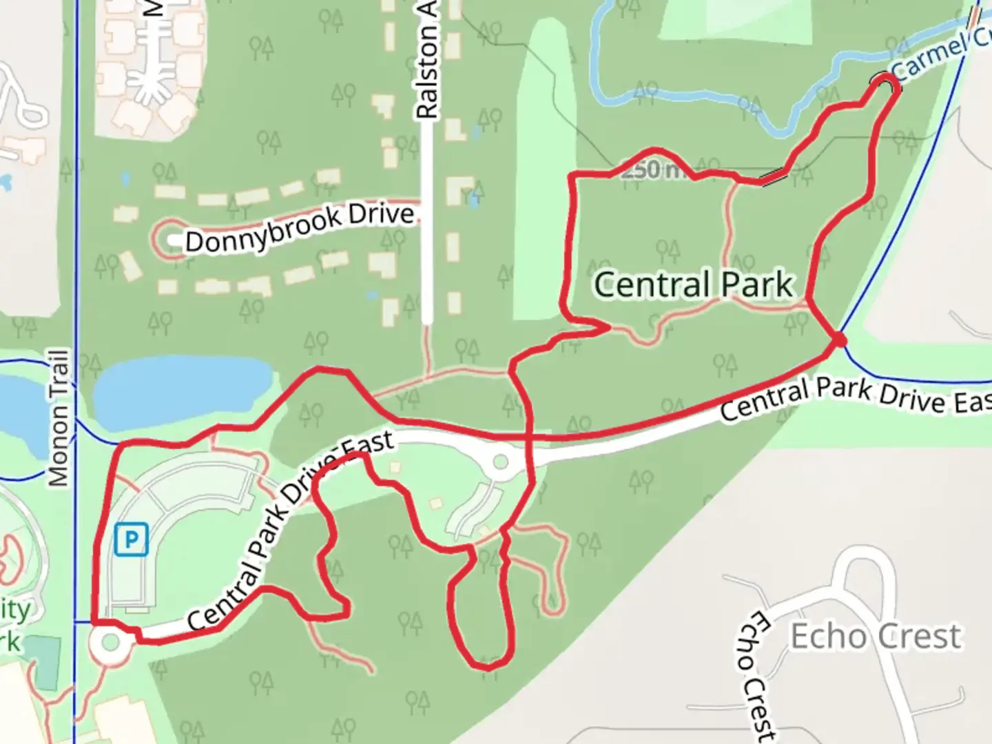 An image depicting the trail Central Park East Shelters Loop and its surrounding area.