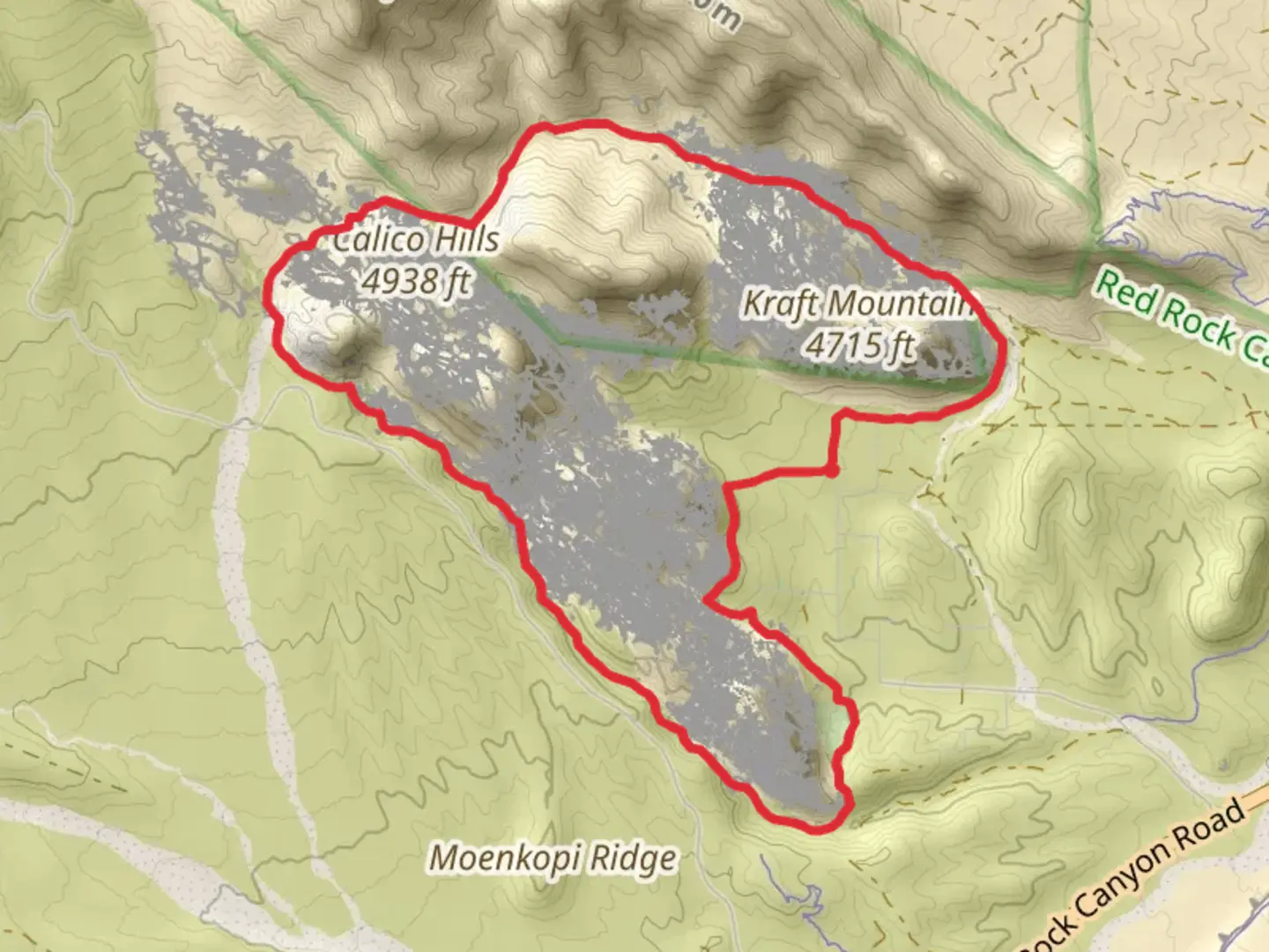 An image depicting the trail Kraft Mountain and Calico Hills Loop Trail and its surrounding area.