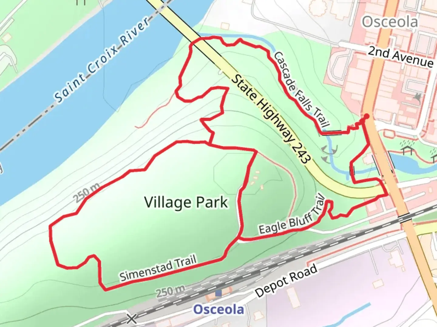 An image depicting the trail Village Park Loop via Simenstad Trail and Cascade Falls Trail and its surrounding area.