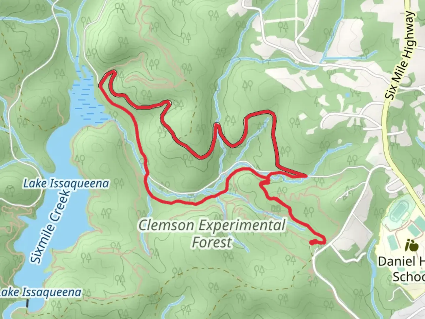 An image depicting the trail Dalton Road, Issaqueena Lake Road and Hardwood Loop Trail and its surrounding area.