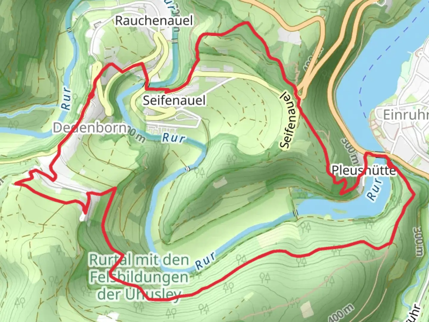 An image depicting the trail Rur via Eifelsteig and Eichheck-Runde and its surrounding area.