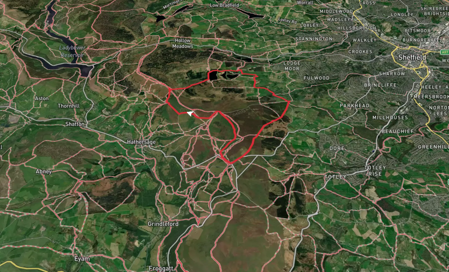 An image depicting the trail Ringinglow Western Loop via Redmires Reservoirs and its surrounding area.