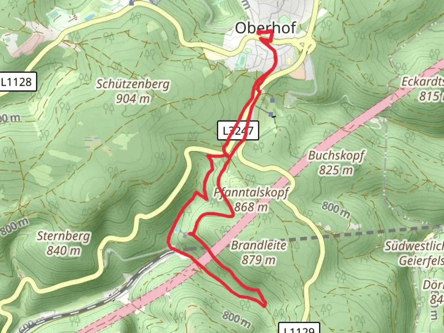 An image depicting the trail Touringen Stempelstelle and Baerenstein via Rennsteig Leiter Zella Mehlis and its surrounding area.