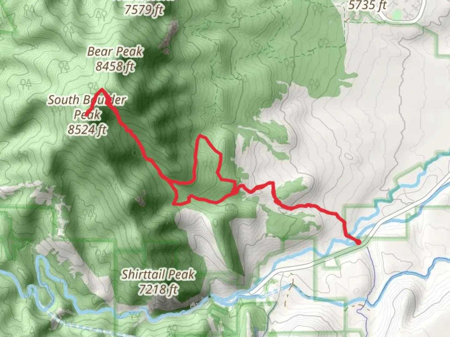 An image depicting the trail South Boulder Peak via Mesa Trail and its surrounding area.