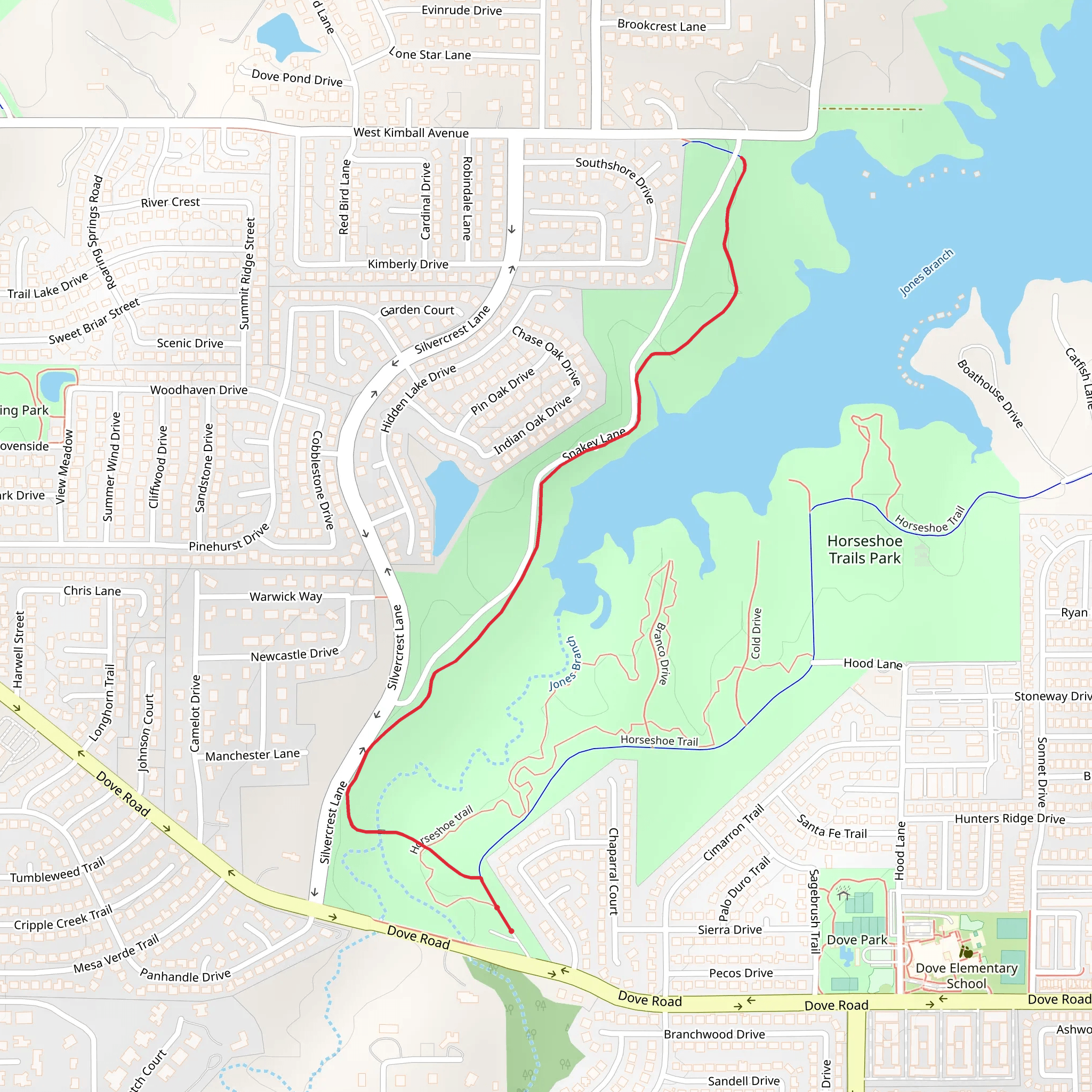 Walk along Jones Branch from Dove Road mobile static map