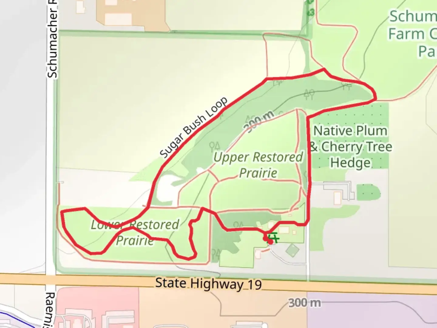 An image depicting the trail Restored Prairie Loop and its surrounding area.