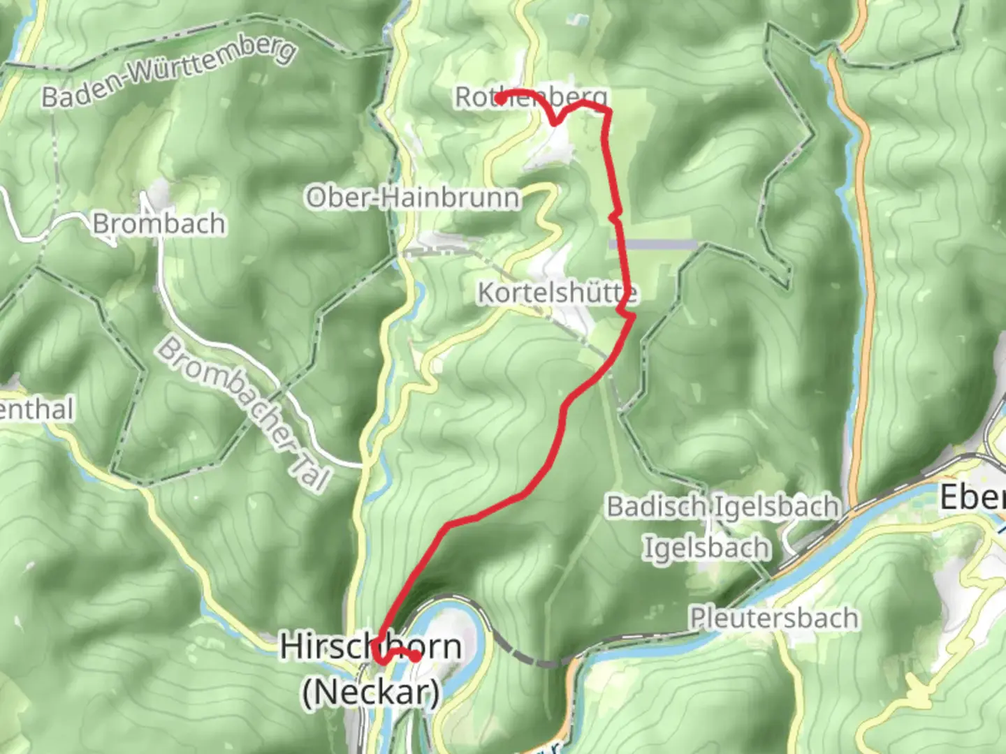 An image depicting the trail Rothenberg to Hirschhorn via Hessenweg and its surrounding area.