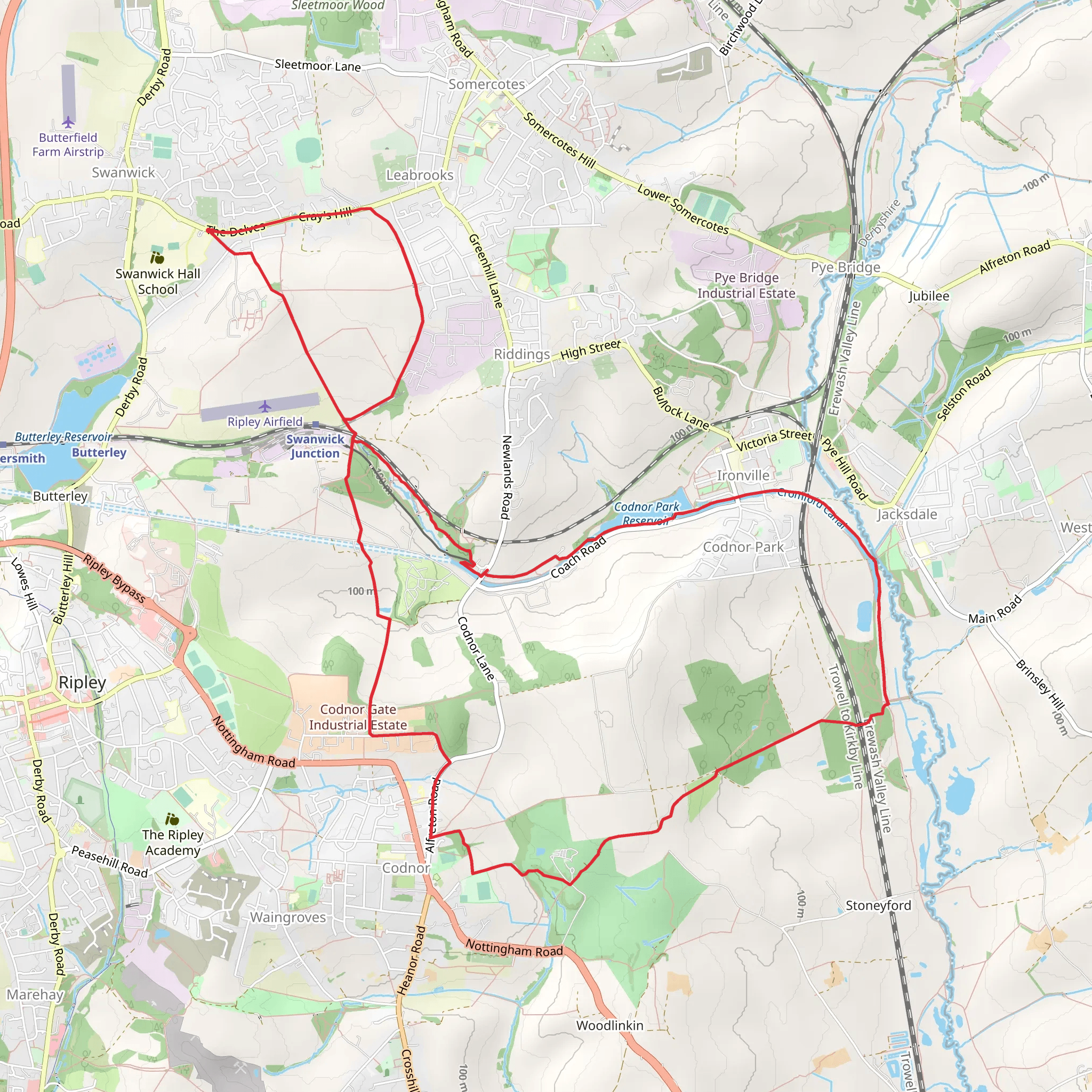 Codnor Park Reservoir via Leabrooks Railway Path mobile static map