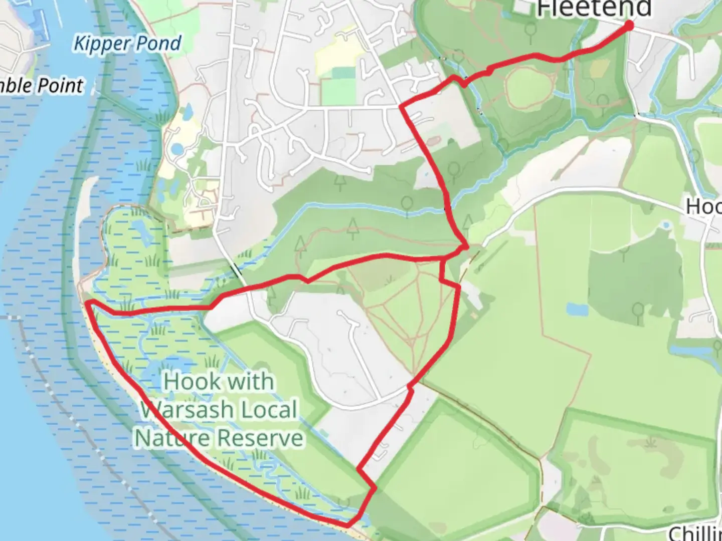 An image depicting the trail Hook with Warsash Common Local Nature Reserve Loop and its surrounding area.