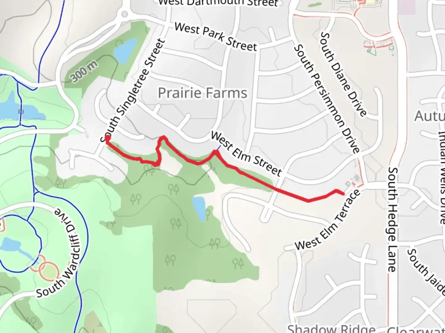 An image depicting the trail Prairie Farms Path and its surrounding area.