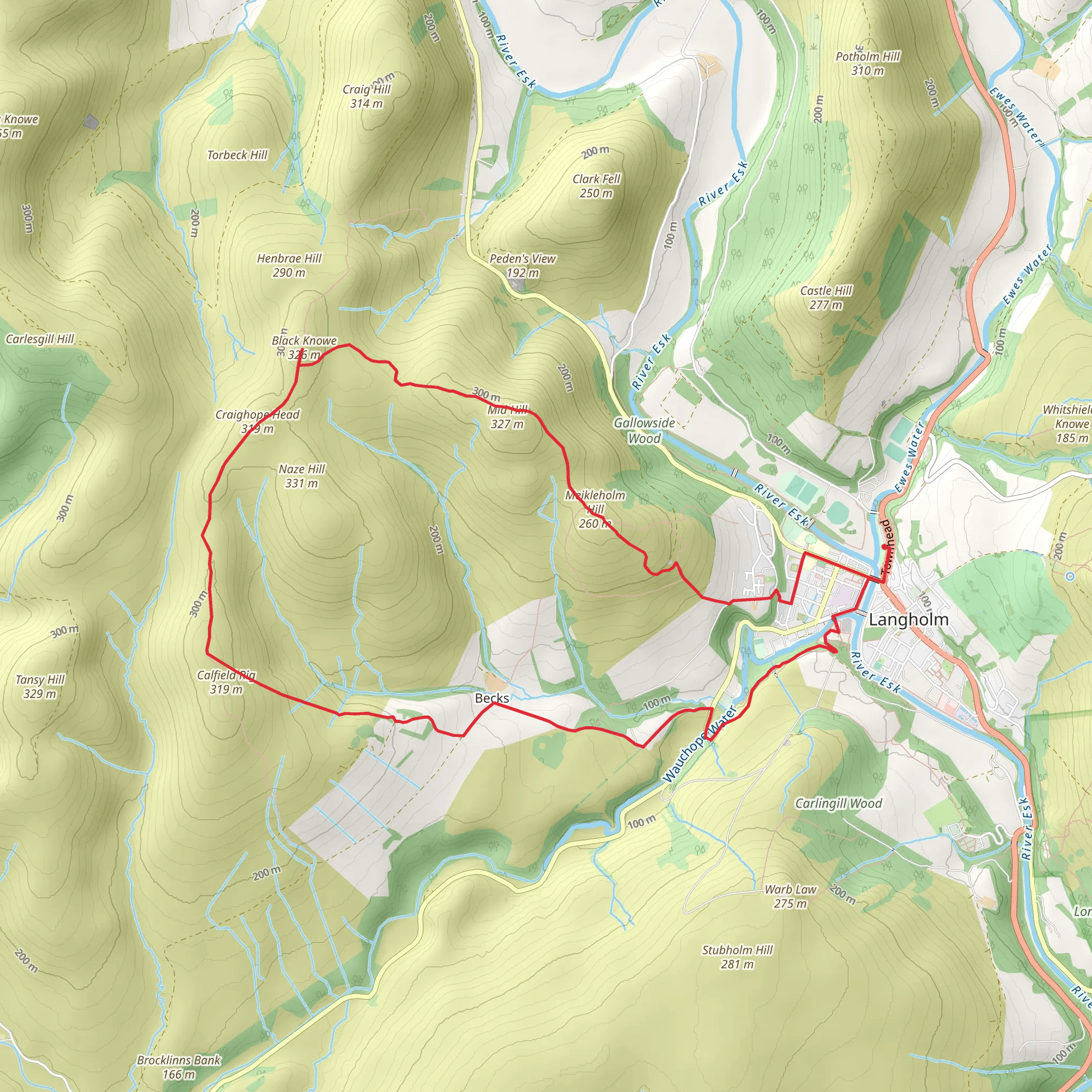 Calfield Rig and Mid Hill from Langholm mobile static map